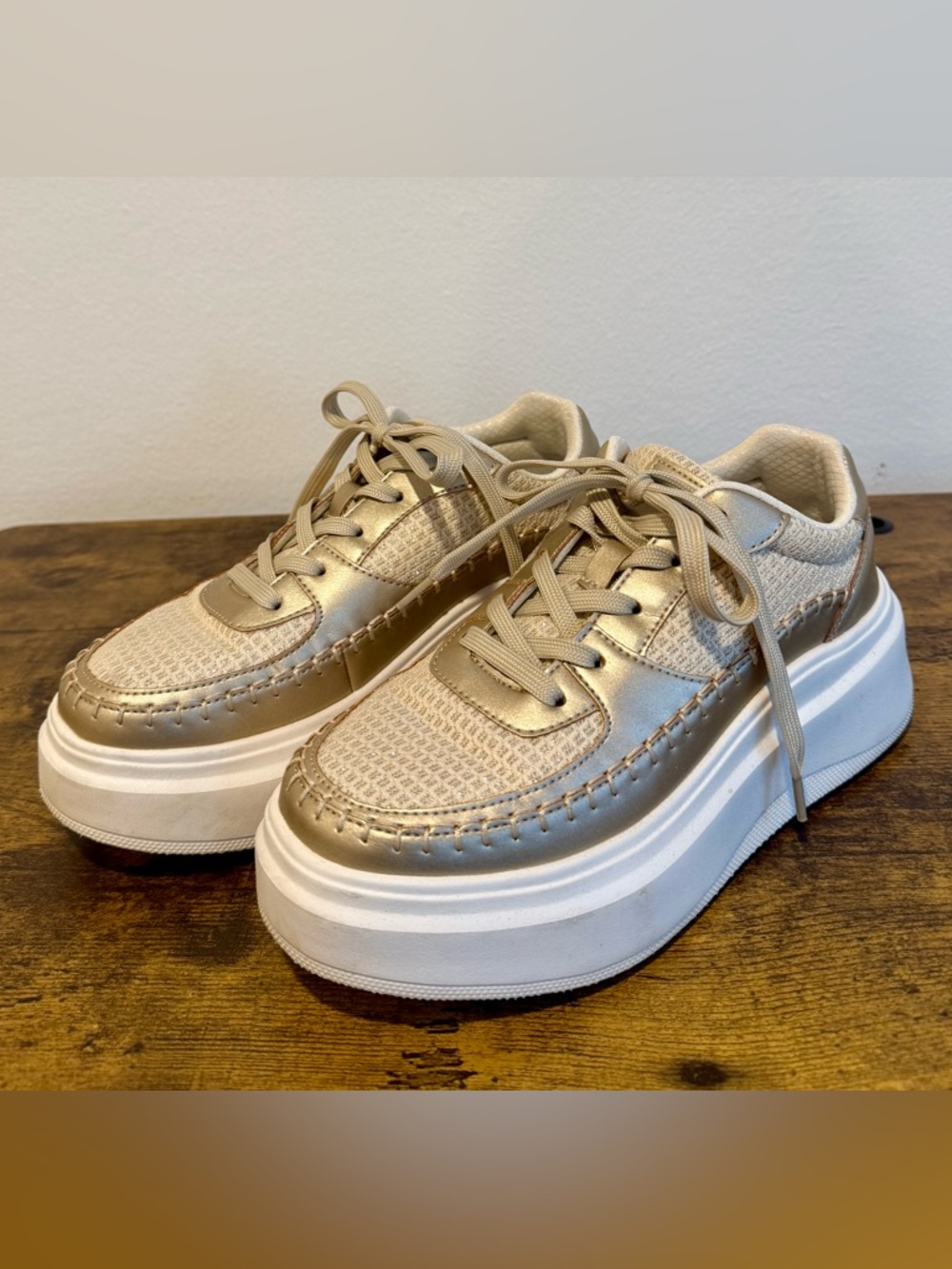 *LIKE NEW Platform Lace-Up Sneakers in Champagne Gold and Cream. Size 8.